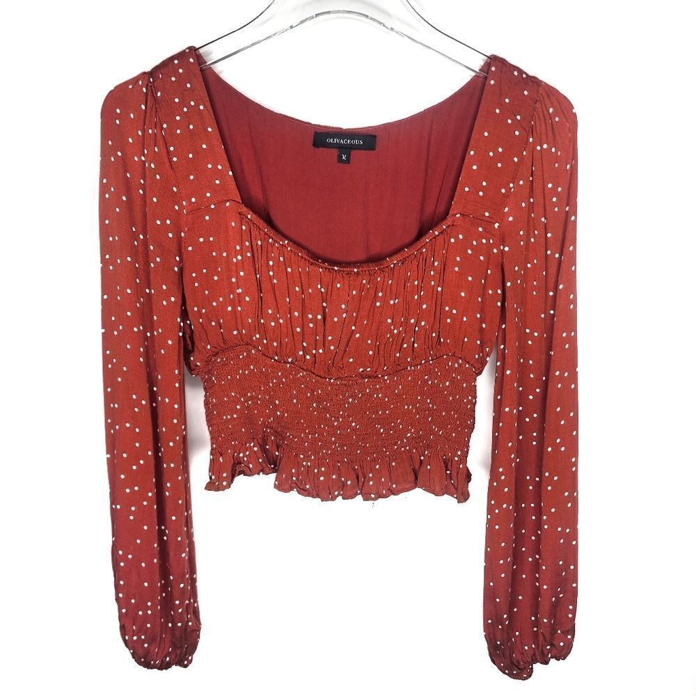 Olivaceous Cropped Rust Colored Polkadot Blouse